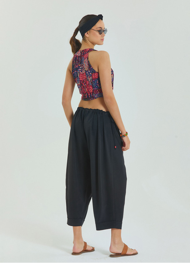 Adjustable Waist Black Women's Summer Trousers with Rope Detail 4583